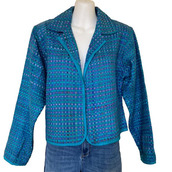 Parsley & Sage Woven 100% Silk Open Front Blazer Jacket Teal Blue/Green - Picture 2 of 6